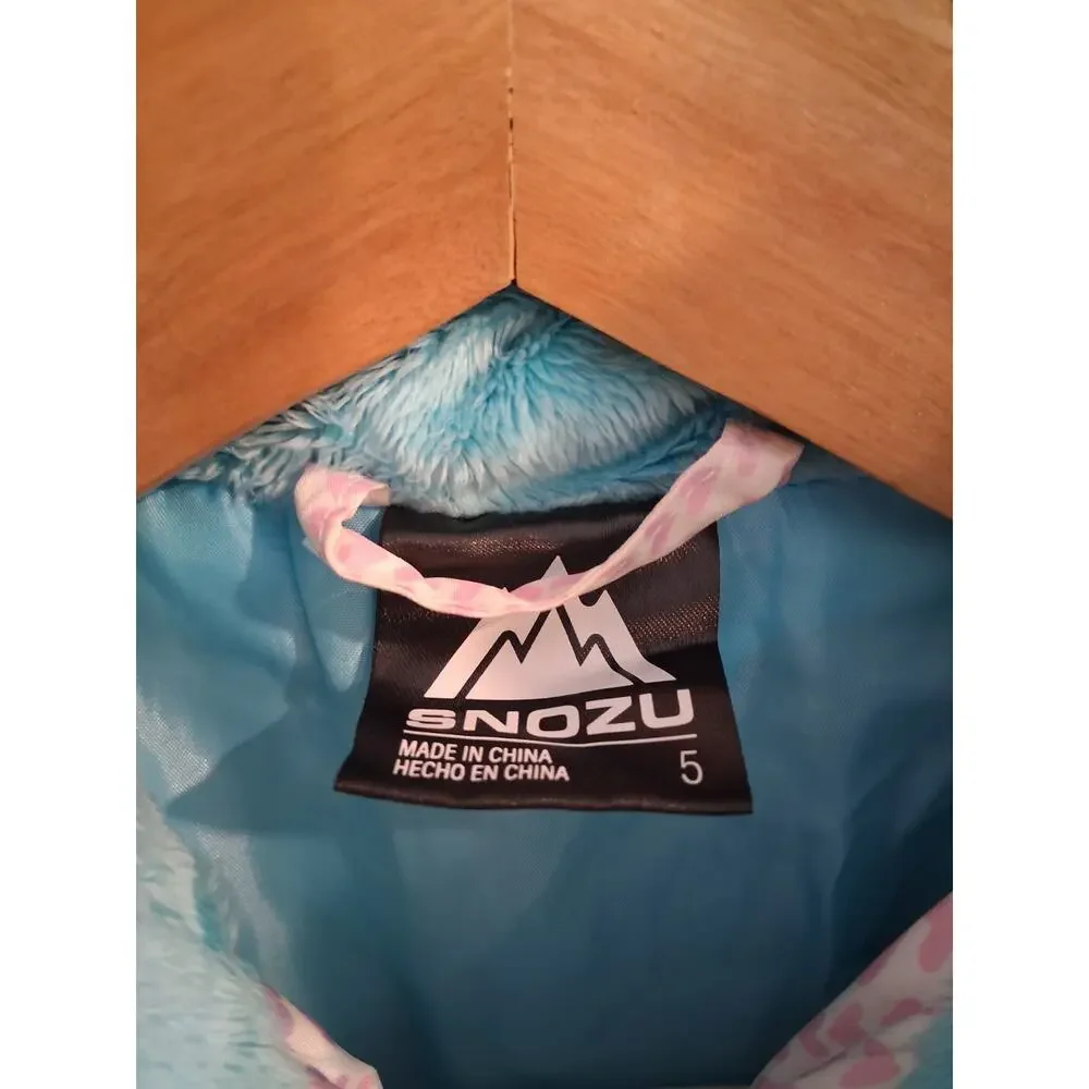 Snozu Girls Puffer Jacket Size 5 Pink Blue Heart Pattern Fleece Lined Hooded...